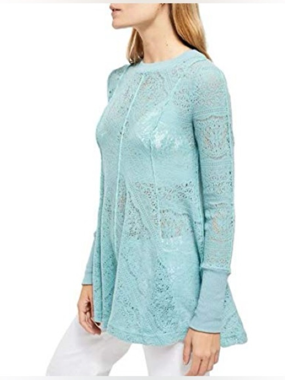 Free People Astral Sea Coffee In The Morning Lace Trim Rib Knit Pullover Med NWT